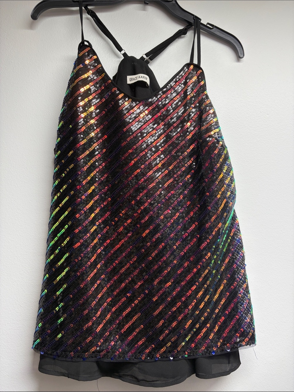 Grace Karin Girls' Black Dress with Rainbow Sequin Diagonals